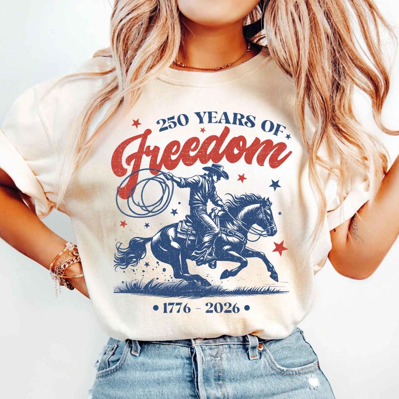 Comfort Colors Retro 250 Years of Freedom Cowboy Horse Boxy Tee, 1776-2026 Cowgirl Shirt, Fourth of July Tee, Patriotic Shirt, Cowboy Gift
