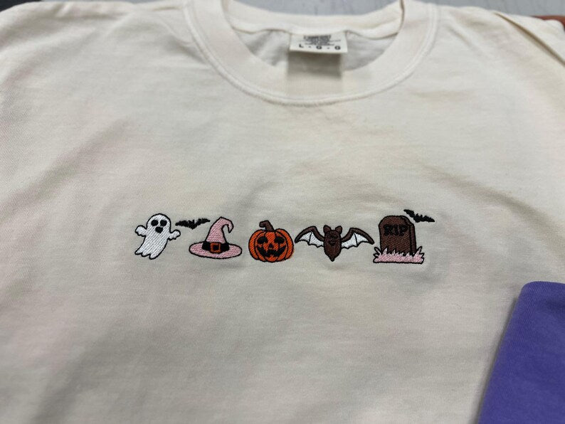Cute Halloween Embroidery Comfort Colors® Shirt, Minimalist Spooky Season Tee, Ghost Pumpkin Bat Embroidered Fall Shirt,Halloween Shirt
