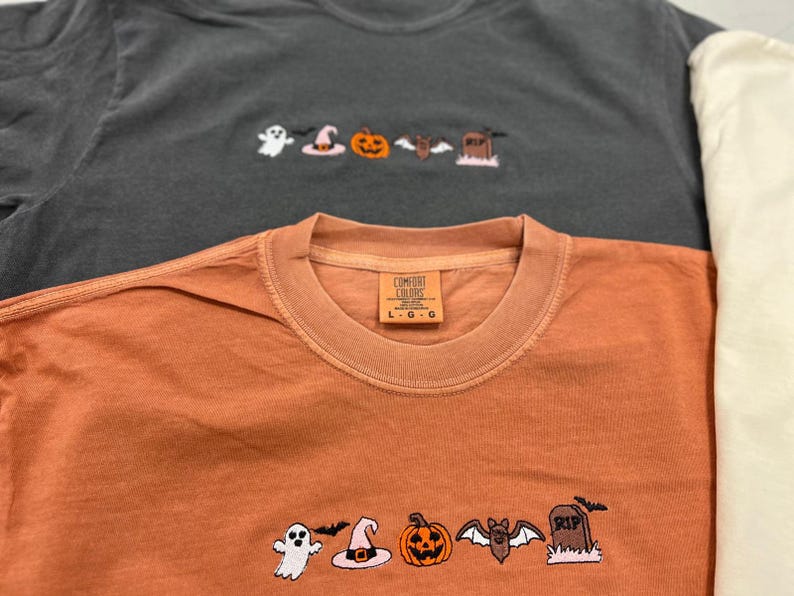 Cute Halloween Embroidery Comfort Colors® Shirt, Minimalist Spooky Season Tee, Ghost Pumpkin Bat Embroidered Fall Shirt,Halloween Shirt
