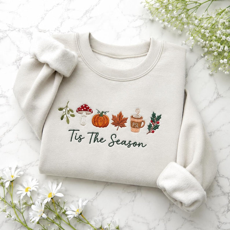 Embroidered Tis The Season Sweatshirt, Fall Icon Shirt, Pumpkin PSL Coffee Mushroom Leaf Sweatshirt, Autumn Holiday Gift, Thanksgiving Gift