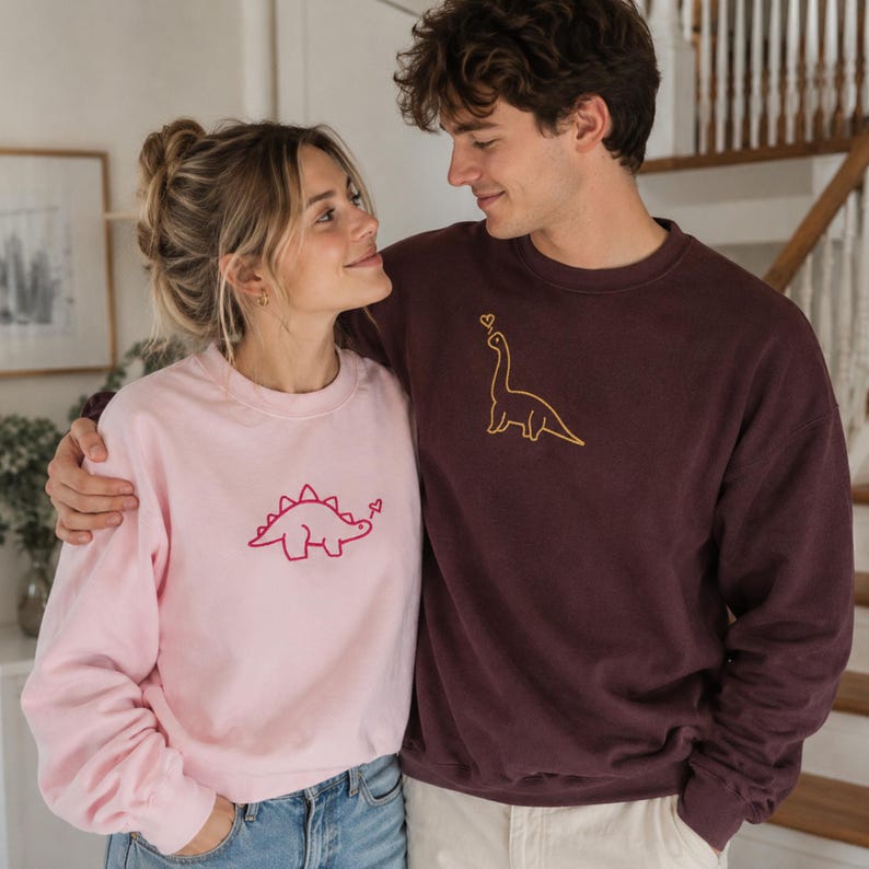 Embroidered Dinosaur Couple Hoodies: Personalized Matching Sweatshirts