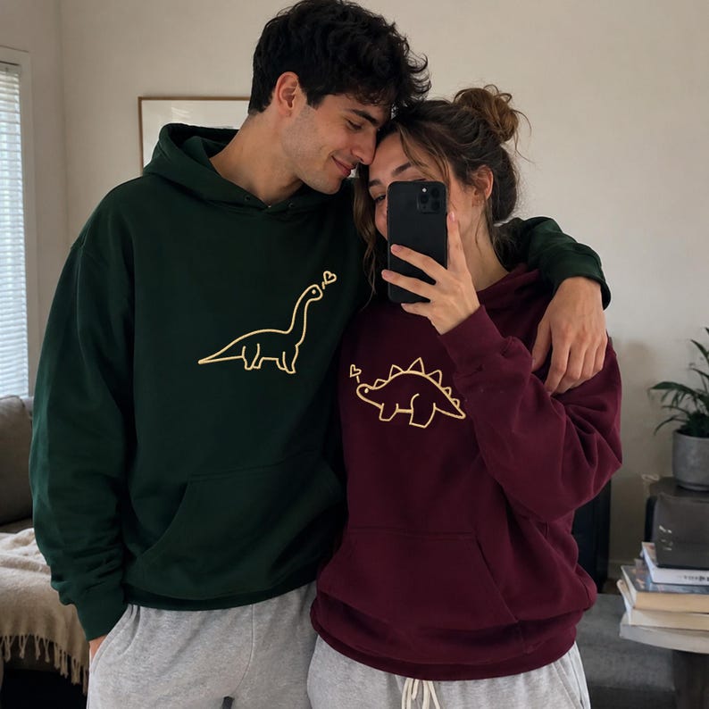 Embroidered Dinosaur Couple Hoodies: Personalized Matching Sweatshirts