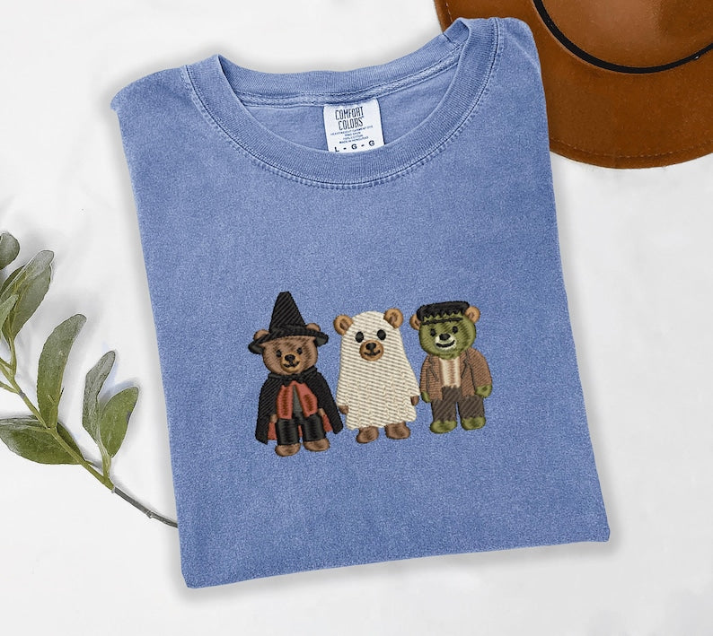 Pumpkin Balloon Ghost Mouse Embroidered Shirt, Cute Halloween Embroidery Tee, Comfort Colors Spooky Fall Shirt