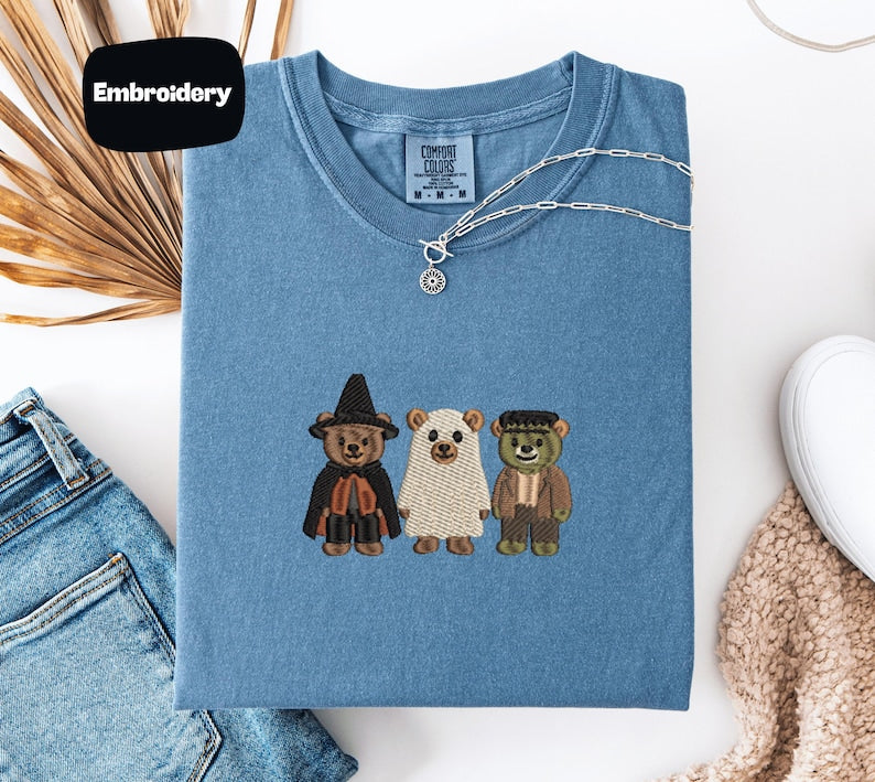 Pumpkin Balloon Ghost Mouse Embroidered Shirt, Cute Halloween Embroidery Tee, Comfort Colors Spooky Fall Shirt