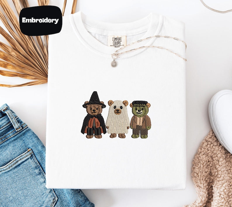 Pumpkin Balloon Ghost Mouse Embroidered Shirt, Cute Halloween Embroidery Tee, Comfort Colors Spooky Fall Shirt