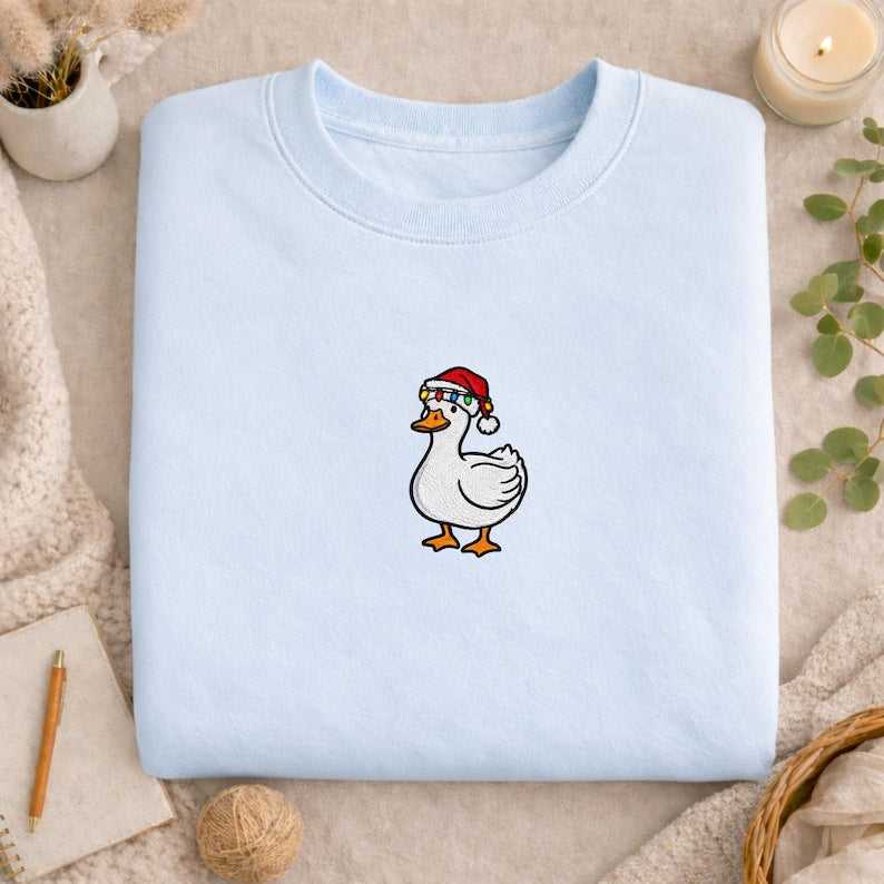 Embroidered Christmas Goose T-Shirt, Santa Hat Bird Shirt, Holiday Animal Tee, Winter Goose Tee