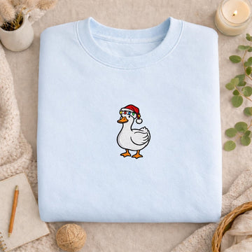 Embroidered Christmas Goose T-Shirt, Santa Hat Bird Shirt, Holiday Animal Tee, Winter Goose Tee