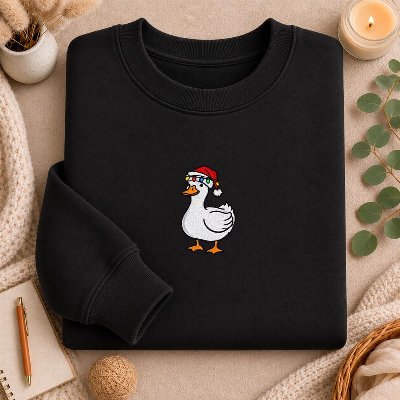 Embroidered Christmas Goose T-Shirt, Santa Hat Bird Shirt, Holiday Animal Tee, Winter Goose Tee