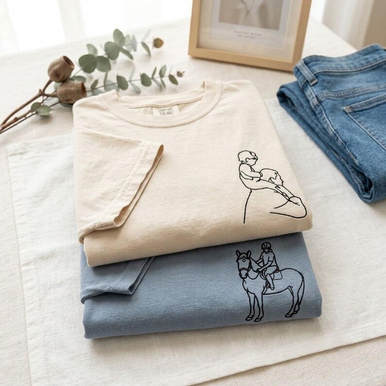 Embroidered Custom Family Photo Shirt, Personalized Couple Portrait Tee, Sketch from Photo, Line Art Shirt Gift