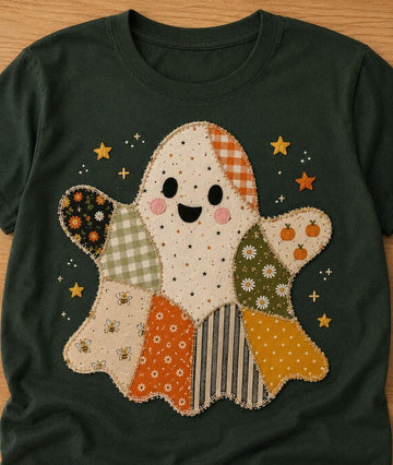 Cute Halloween Ghost Quilted Patchwork Embroidered T Shirt,Handmade Spooky Ghost Tee,Real Applique Fall Shirt,Halloween Gift ERD-ZJ423
