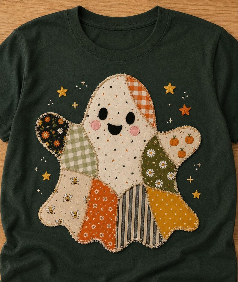 Cute Halloween Ghost Quilted Patchwork Embroidered T Shirt,Handmade Spooky Ghost Tee,Real Applique Fall Shirt,Halloween Gift ERD-ZJ423