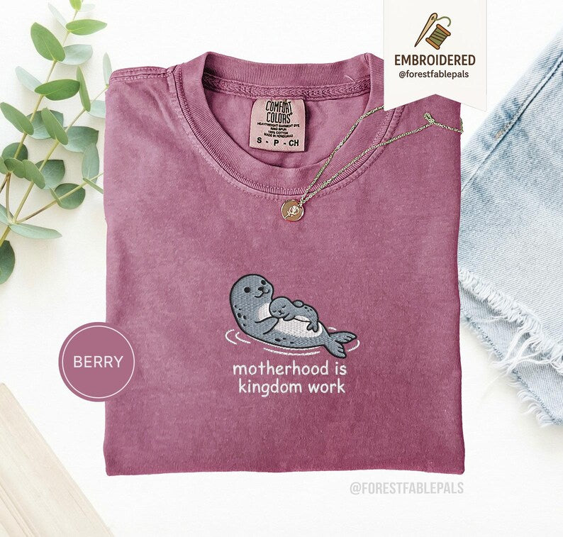 Embroidered Motherhood Is Kingdom Work Seal Shirt - Cute Seal Mom Baby Tee, Christian Mama Shirt, Comfort Colors Coastal Mother Gift