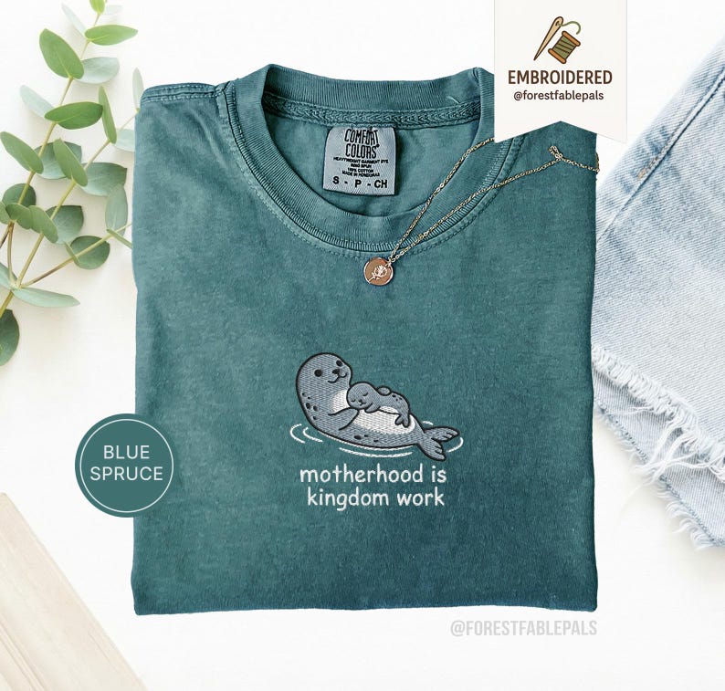 Embroidered Motherhood Is Kingdom Work Seal Shirt - Cute Seal Mom Baby Tee, Christian Mama Shirt, Comfort Colors Coastal Mother Gift