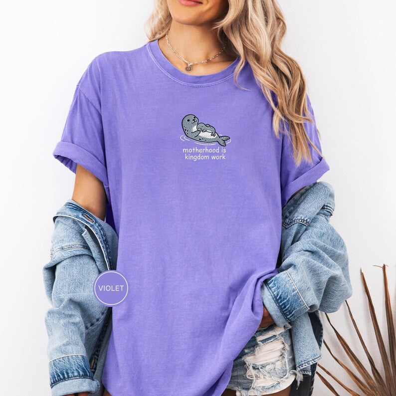 Embroidered Motherhood Is Kingdom Work Seal Shirt - Cute Seal Mom Baby Tee, Christian Mama Shirt, Comfort Colors Coastal Mother Gift