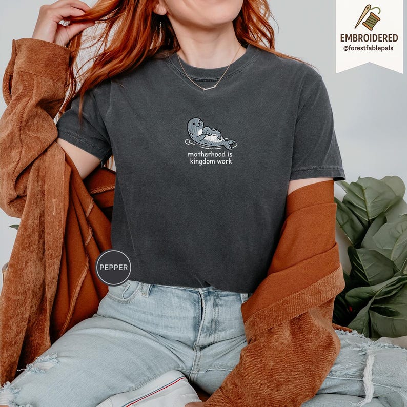 Embroidered Motherhood Is Kingdom Work Seal Shirt - Cute Seal Mom Baby Tee, Christian Mama Shirt, Comfort Colors Coastal Mother Gift