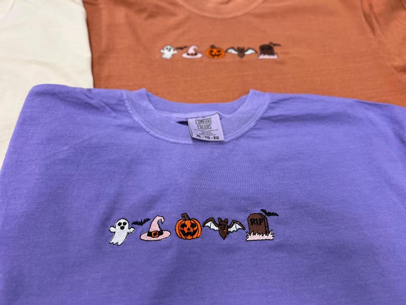 Cute Halloween Embroidery Comfort Colors® Shirt, Minimalist Spooky Season Tee, Ghost Pumpkin Bat Embroidered Fall Shirt,Halloween Shirt
