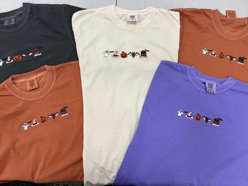 Cute Halloween Embroidery Comfort Colors® Shirt, Minimalist Spooky Season Tee, Ghost Pumpkin Bat Embroidered Fall Shirt,Halloween Shirt
