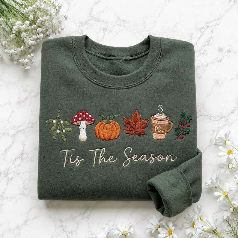 Embroidered Tis The Season Sweatshirt, Fall Icon Shirt, Pumpkin PSL Coffee Mushroom Leaf Sweatshirt, Autumn Holiday Gift, Thanksgiving Gift