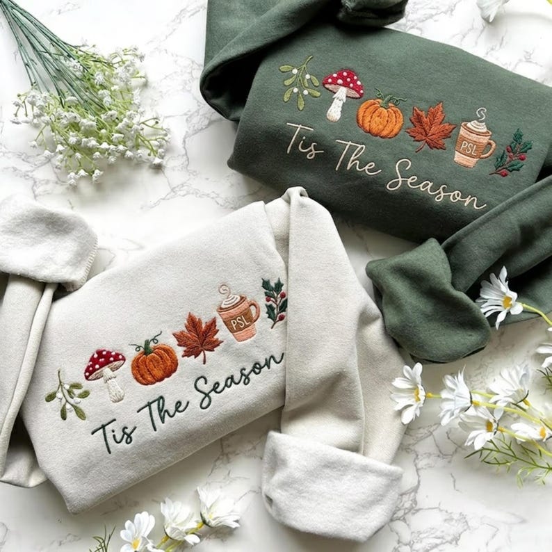 Embroidered Tis The Season Sweatshirt, Fall Icon Shirt, Pumpkin PSL Coffee Mushroom Leaf Sweatshirt, Autumn Holiday Gift, Thanksgiving Gift