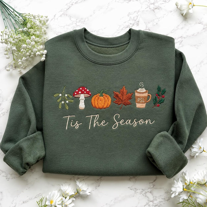 Embroidered Tis The Season Sweatshirt, Fall Icon Shirt, Pumpkin PSL Coffee Mushroom Leaf Sweatshirt, Autumn Holiday Gift, Thanksgiving Gift