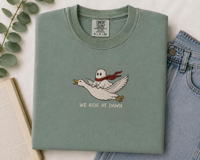 Ghost Riding Goose Embroidered Shirt, Comfort Colors 1717 Shirt, Cute Ghost Embroidery Tee, Flying Goose Shirt, Cottagecore Halloween Shirt