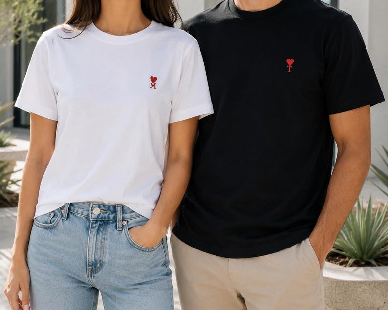 Embroidered Couple T-Shirts | Custom Initials, Heart Detail | Anniversary Gift