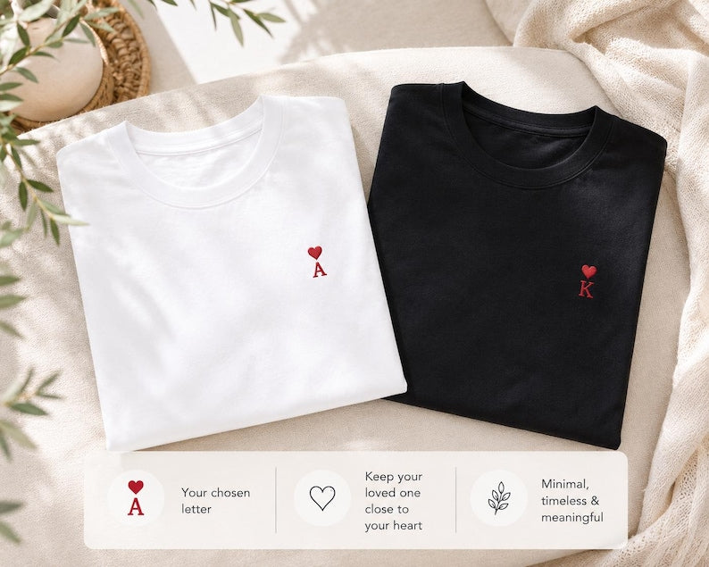 Matching Embroidered Couple Shirts | Personalized Initial T-Shirts | Hidden Message Neck Embroidery | Anniversary Gift for Couples