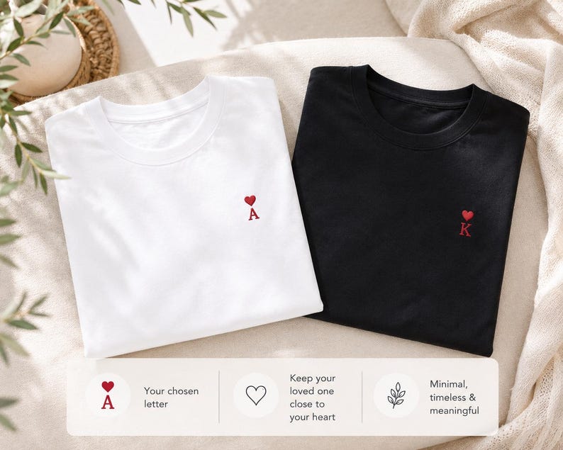 Embroidered Couple T-Shirts | Custom Initials, Heart Detail | Anniversary Gift