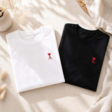 Matching Embroidered Couple Shirts | Personalized Initial T-Shirts | Hidden Message Neck Embroidery | Anniversary Gift for Couples
