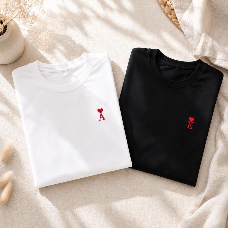 Embroidered Couple T-Shirts | Custom Initials, Heart Detail | Anniversary Gift