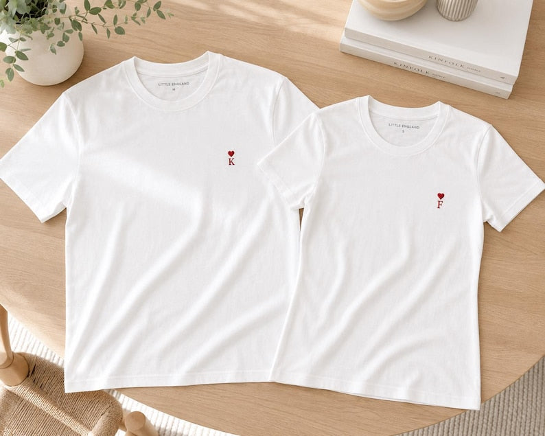 Matching Embroidered Couple Shirts | Personalized Initial T-Shirts | Hidden Message Neck Embroidery | Anniversary Gift for Couples
