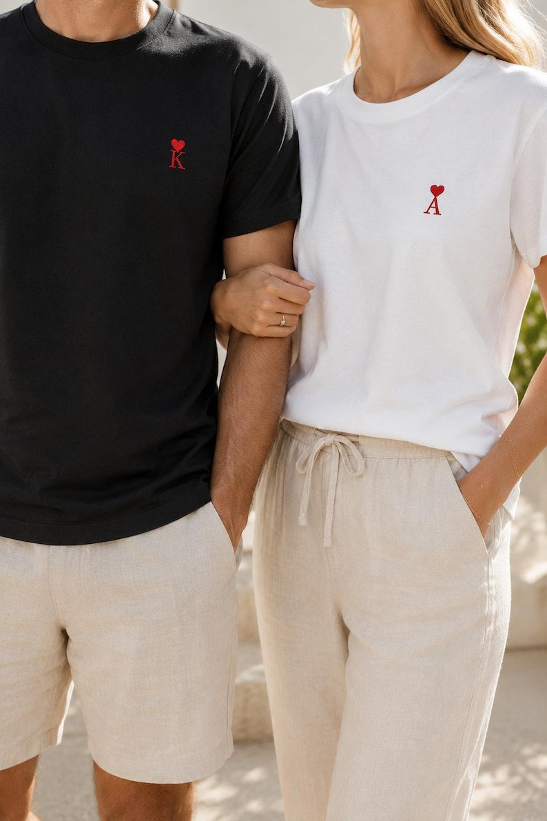 Embroidered Couple T-Shirts | Custom Initials, Heart Detail | Anniversary Gift