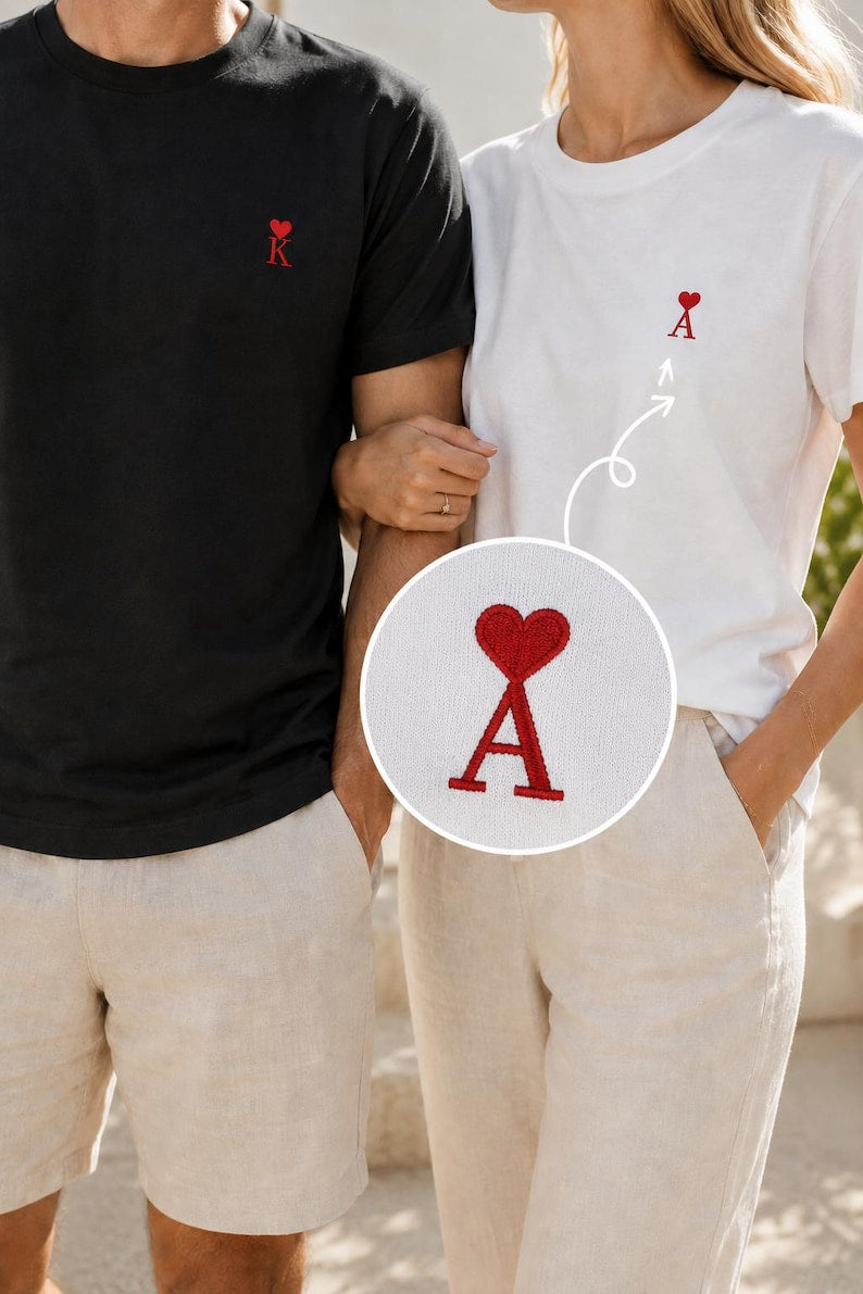 Matching Embroidered Couple Shirts | Personalized Initial T-Shirts | Hidden Message Neck Embroidery | Anniversary Gift for Couples
