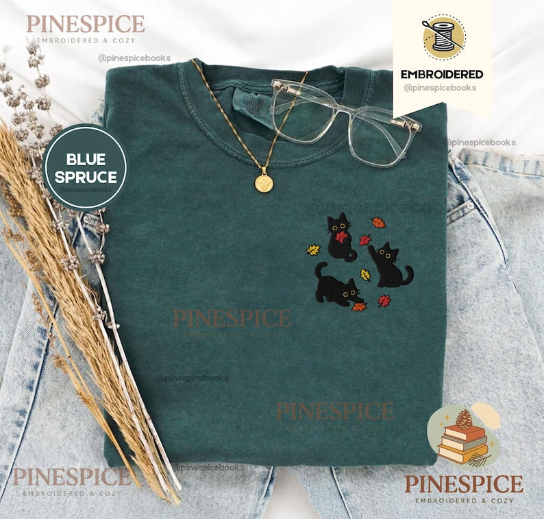 Black Cats Fall Leaves Embroidered Shirt, Cute Autumn Cat Tee, Cozy Comfort Colors Halloween Shirt