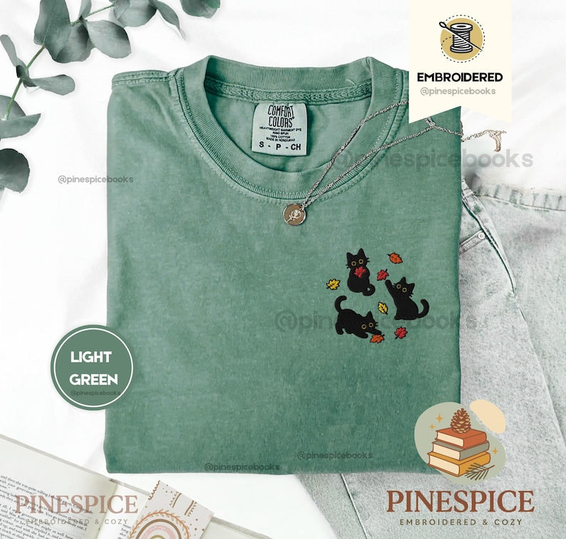 Black Cats Fall Leaves Embroidered Shirt, Cute Autumn Cat Tee, Cozy Comfort Colors Halloween Shirt