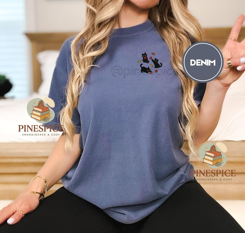 Black Cats Fall Leaves Embroidered Shirt, Cute Autumn Cat Tee, Cozy Comfort Colors Halloween Shirt