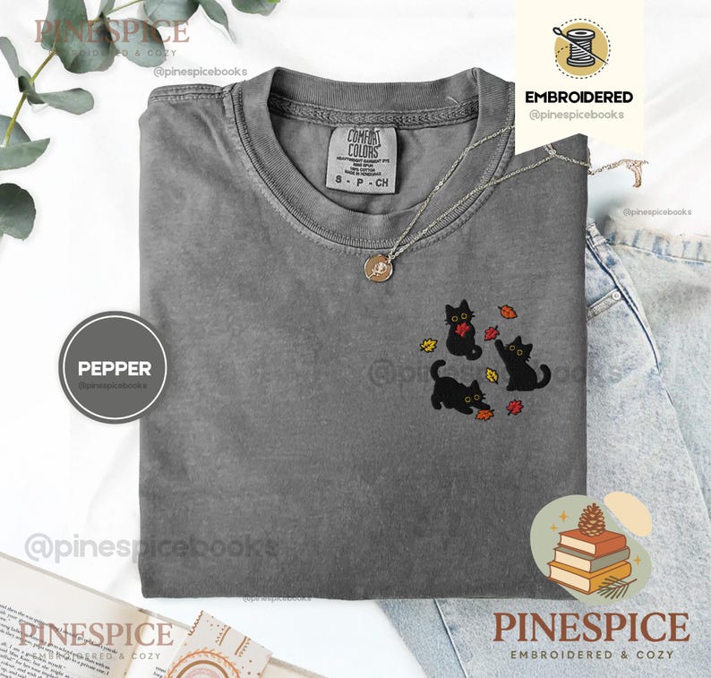 Black Cats Fall Leaves Embroidered Shirt, Cute Autumn Cat Tee, Cozy Comfort Colors Halloween Shirt