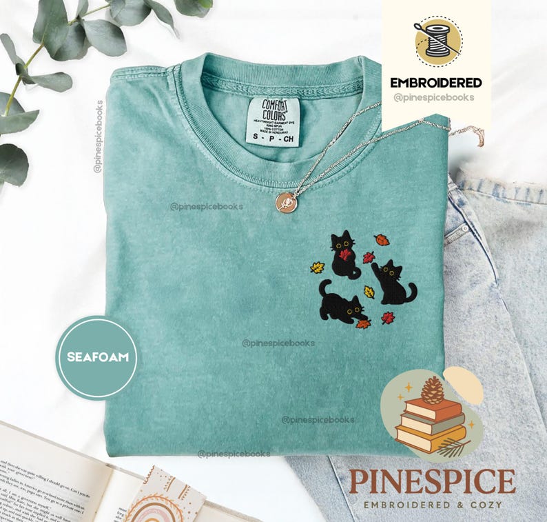 Black Cats Fall Leaves Embroidered Shirt, Cute Autumn Cat Tee, Cozy Comfort Colors Halloween Shirt