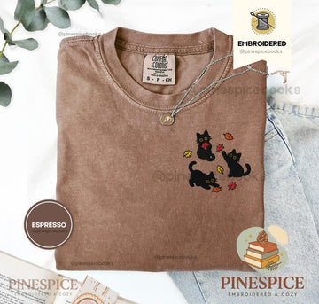Black Cats Fall Leaves Embroidered Shirt, Cute Autumn Cat Tee, Cozy Comfort Colors Halloween Shirt