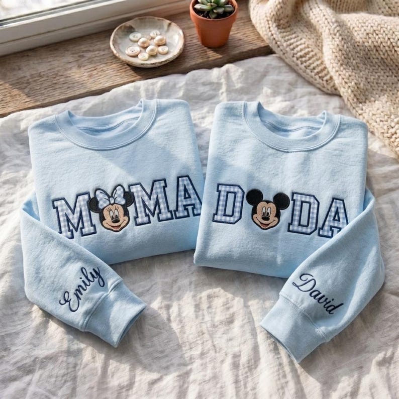 Custom Embroidered Shirt, Gingham Mama Dada Sweatshirt, Mouse Ear Applique Top, Cute Theme Park Trip Apparel, Family Matching