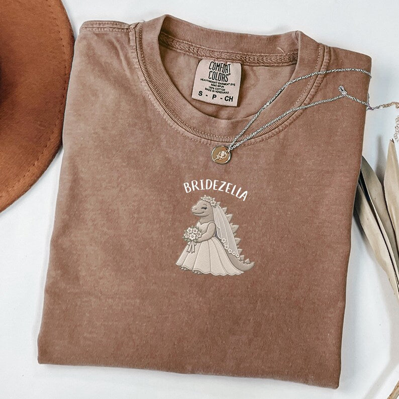 Bridezilla Shirt, Embroidered Dinosaur Bride Shirt, Comfort Colors Bride Tee, Funny Wedding Gift, Minimal Bridal Shirt