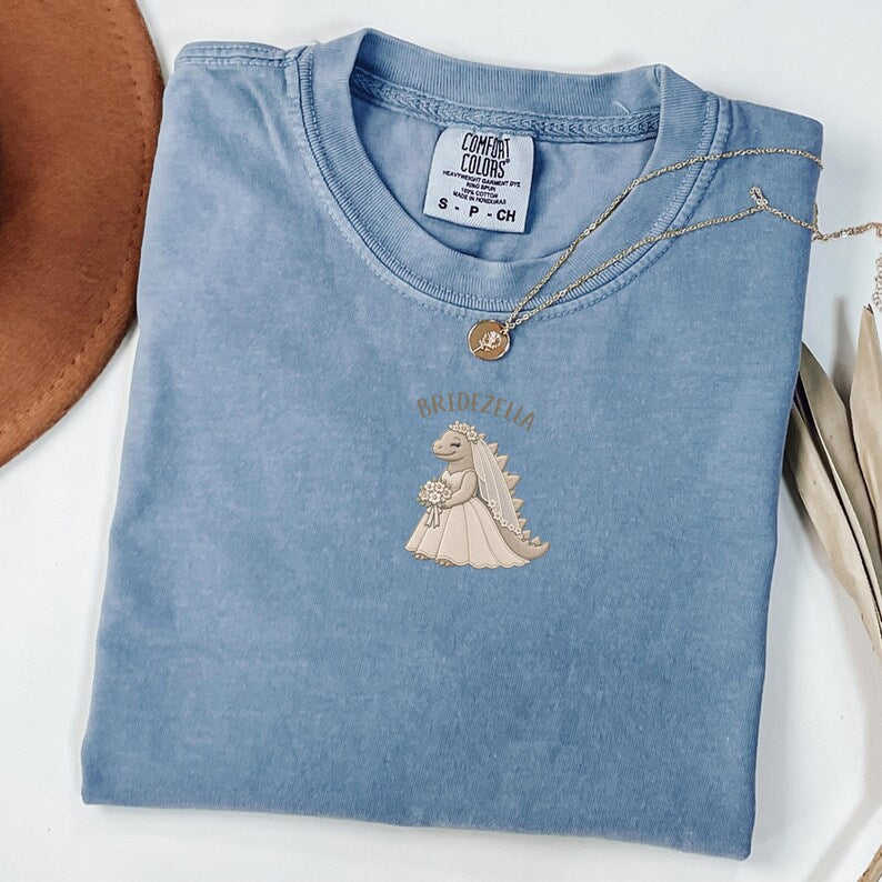 Bridezilla Shirt, Embroidered Dinosaur Bride Shirt, Comfort Colors Bride Tee, Funny Wedding Gift, Minimal Bridal Shirt