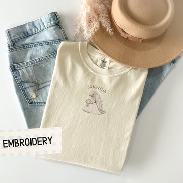 Bridezilla Shirt, Embroidered Dinosaur Bride Shirt, Comfort Colors Bride Tee, Funny Wedding Gift, Minimal Bridal Shirt