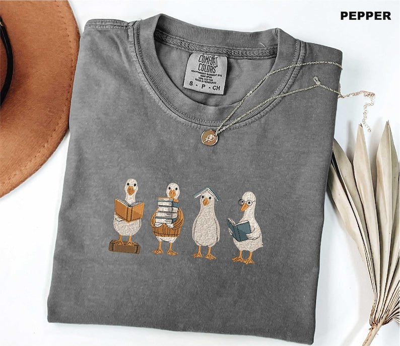 Reading Goose Embroidered Shirt, Comfort Colors Book Lover Tee, Cute Goose Embroidery Shirt, Librarian Gift, Book Club Reader Tee, Bookish