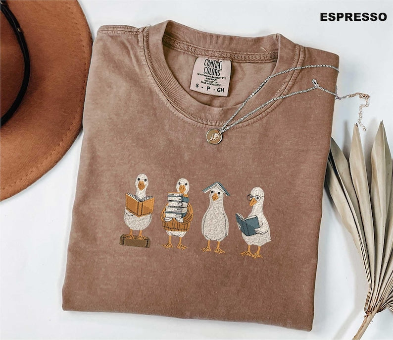 Reading Goose Embroidered Shirt, Comfort Colors Book Lover Tee, Cute Goose Embroidery Shirt, Librarian Gift, Book Club Reader Tee, Bookish