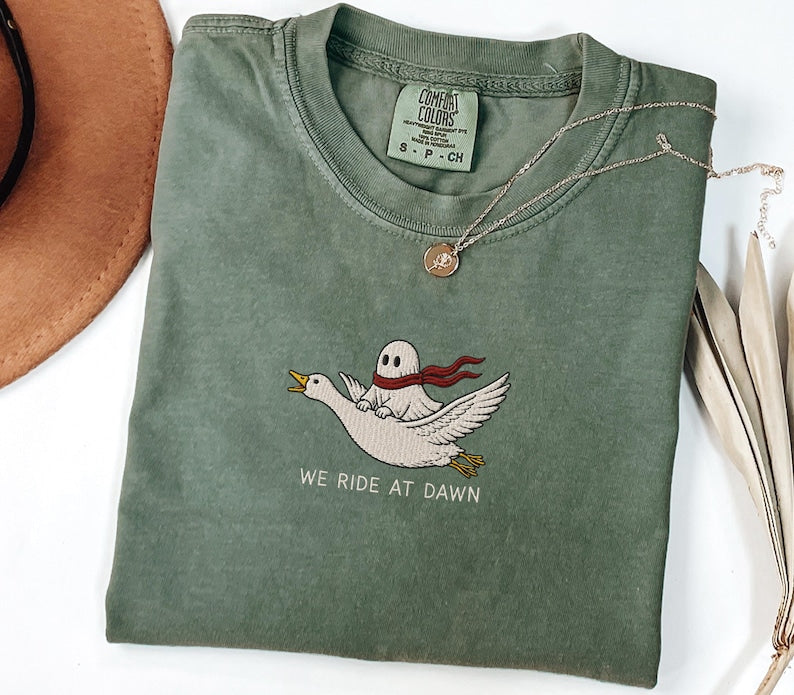 Ghost Riding Goose Embroidered Shirt, Comfort Colors 1717 Shirt, Cute Ghost Embroidery Tee, Flying Goose Shirt, Cottagecore Halloween Shirt