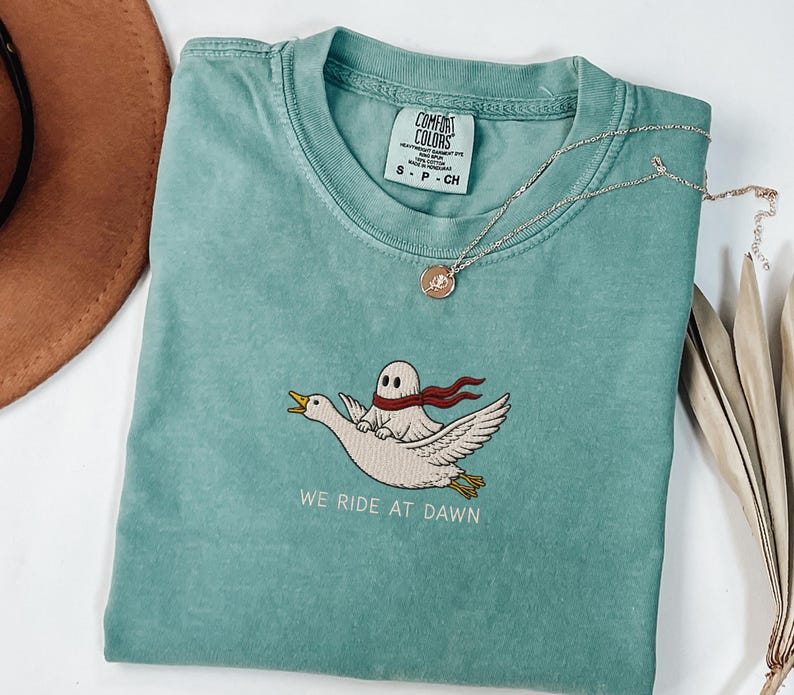 Ghost Riding Goose Embroidered Shirt, Comfort Colors 1717 Shirt, Cute Ghost Embroidery Tee, Flying Goose Shirt, Cottagecore Halloween Shirt