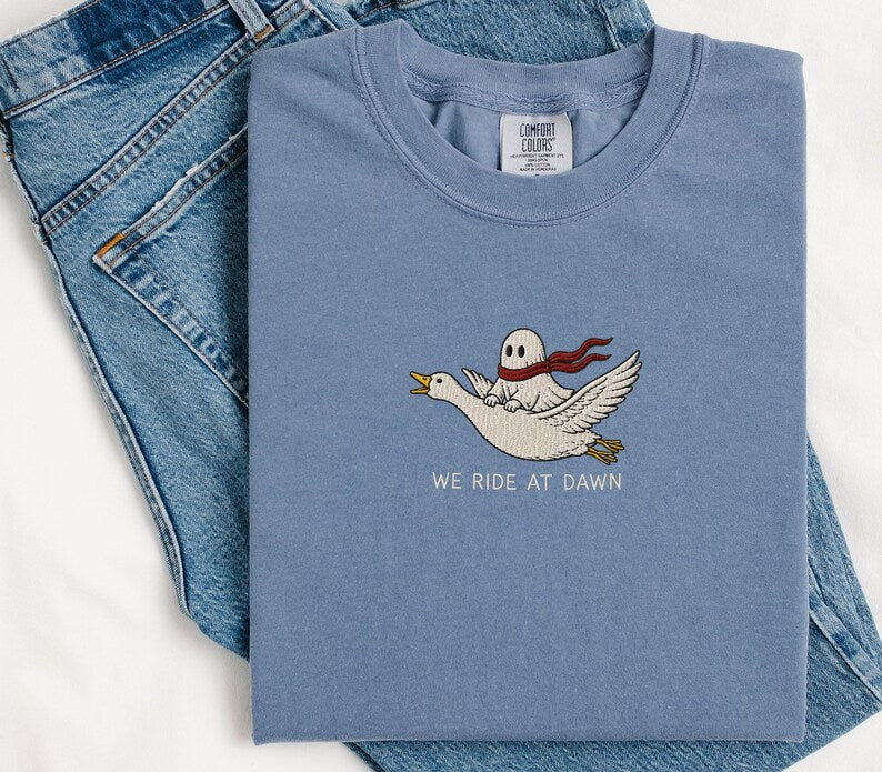 Ghost Riding Goose Embroidered Shirt, Comfort Colors 1717 Shirt, Cute Ghost Embroidery Tee, Flying Goose Shirt, Cottagecore Halloween Shirt