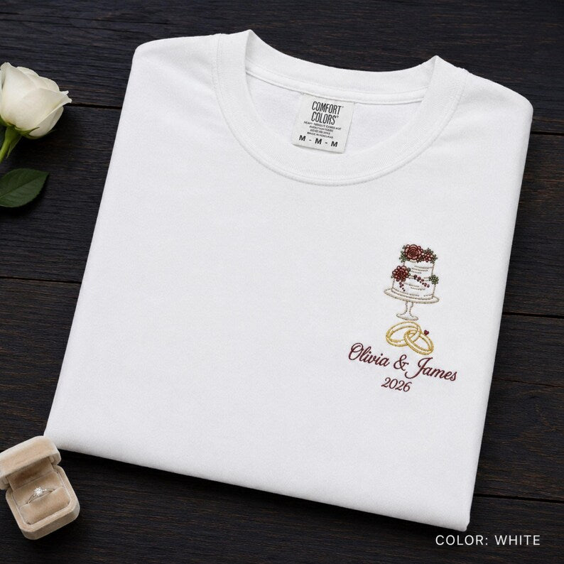 Custom Embroidered Wedding Shirt, Wedding Cake & Ring Tshirt, Wedding Keepsake, Wedding Gift, Bridal Shower Gift