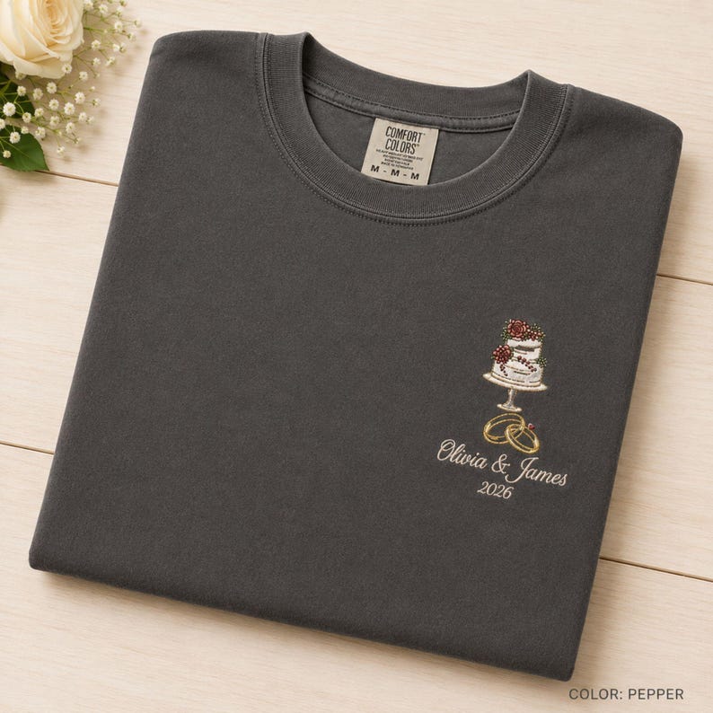 Custom Embroidered Wedding Shirt, Wedding Cake & Ring Tshirt, Wedding Keepsake, Wedding Gift, Bridal Shower Gift